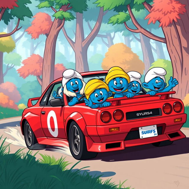 A group of Smurfs driving a Nissan Skyline GTR 34 through a vibrant, cartoonish forest