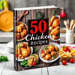 A vibrant and appetizing book cover for a cookbook titled '50 Chicken Recipes'