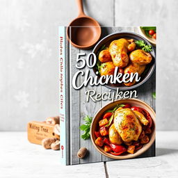 A vibrant and appetizing book cover for a cookbook titled '50 Chicken Recipes'