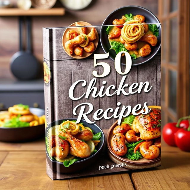 A vibrant and appetizing book cover for a cookbook titled '50 Chicken Recipes'