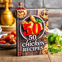 A vibrant and appetizing book cover for a cookbook titled '50 Chicken Recipes'