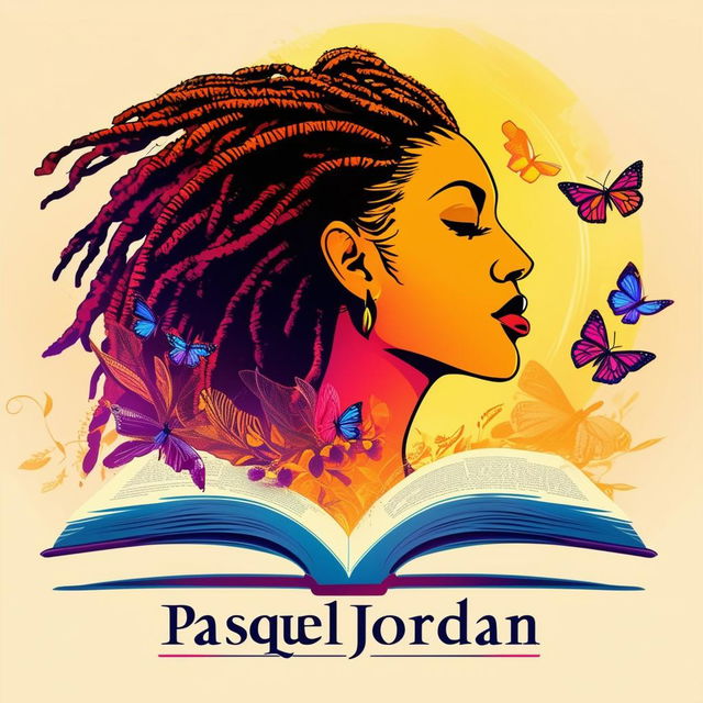 A vibrant logo for a book by Pasquel Jordan, featuring an open book with a silhouette of a woman with dreadlocks, butterflies, and the text 'Pasquel Jordan'