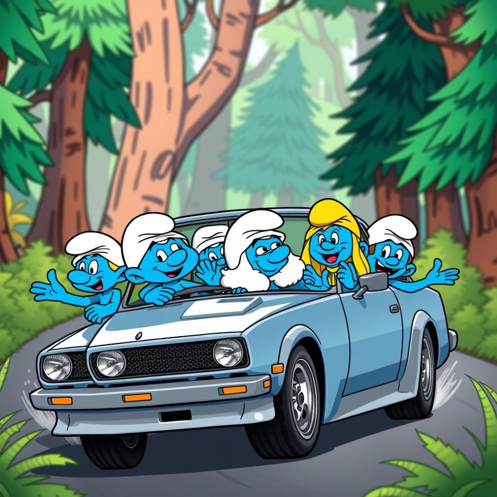 A group of Smurfs driving a Nissan Skyline GTR 34 through a vibrant, cartoonish forest