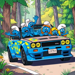 A group of Smurfs driving a Nissan Skyline GTR 34 through a vibrant, cartoonish forest