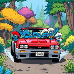 A group of Smurfs driving a Nissan Skyline GTR 34 through a vibrant, cartoonish forest