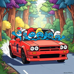 A group of Smurfs driving a Nissan Skyline GTR 34 through a vibrant, cartoonish forest