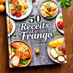 Uma capa vibrante e apetitoso para um livro de receitas intitulado '50 Receitas de Frango'