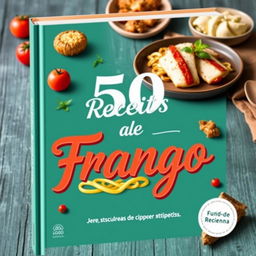 Uma capa vibrante e apetitoso para um livro de receitas intitulado '50 Receitas de Frango'