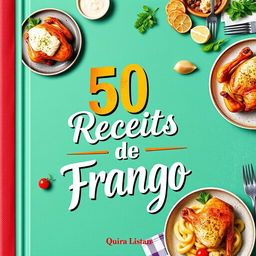 Uma capa vibrante e apetitoso para um livro de receitas intitulado '50 Receitas de Frango'