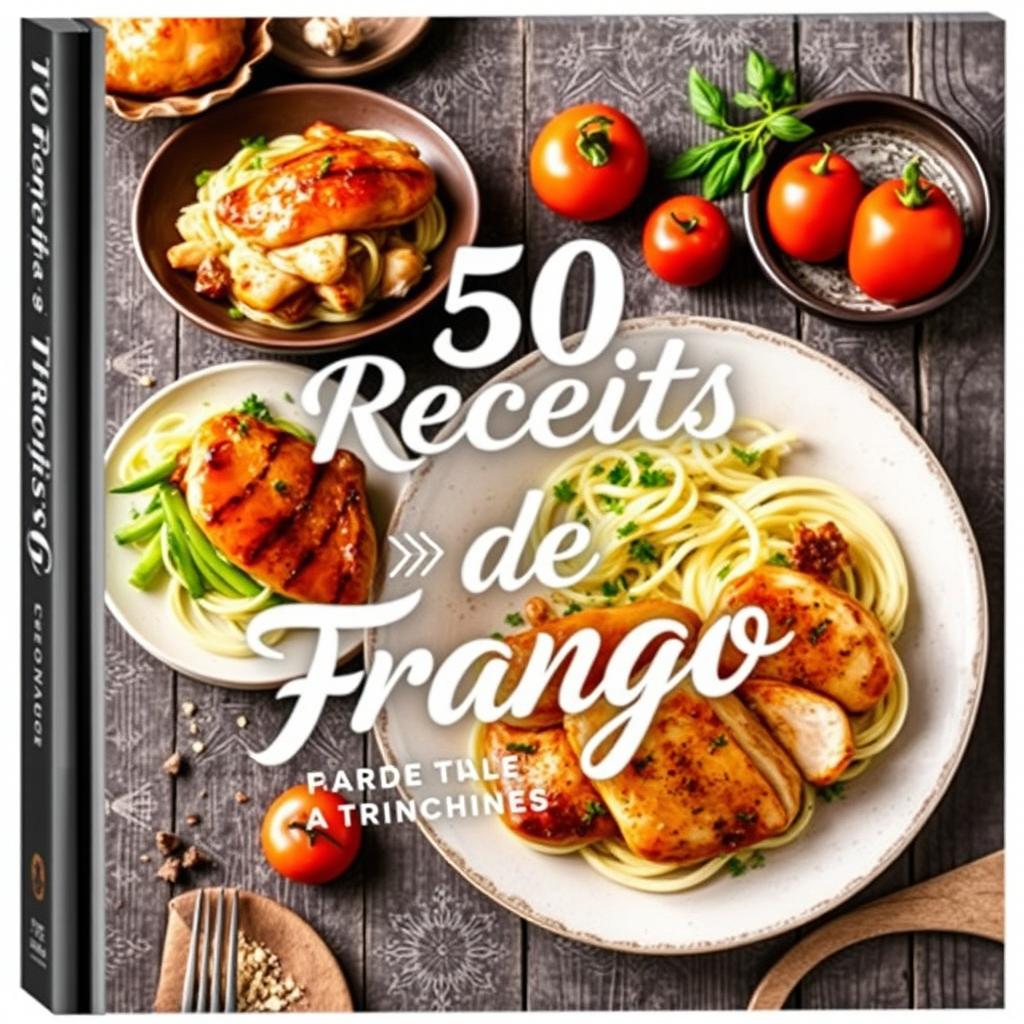 Uma capa vibrante e apetitoso para um livro de receitas intitulado '50 Receitas de Frango'