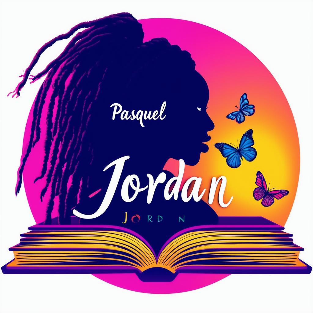 A vibrant logo for a book by Pasquel Jordan, featuring an open book with a silhouette of a woman with dreadlocks, butterflies, and the text 'Pasquel Jordan'