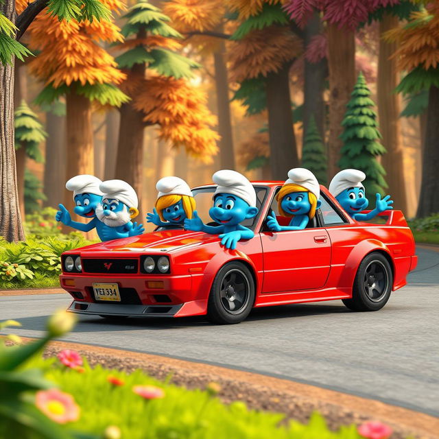 A 3D-rendered image of a group of Smurfs driving a Nissan Skyline GTR 34 through a vibrant, cartoonish forest