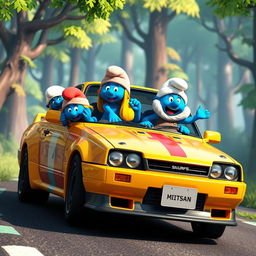 A 3D-rendered image of a group of Smurfs driving a Nissan Skyline GTR 34 through a vibrant, cartoonish forest