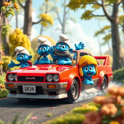 A 3D-rendered image of a group of Smurfs driving a Nissan Skyline GTR 34 through a vibrant, cartoonish forest