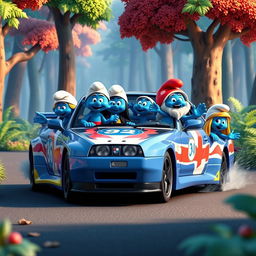 A 3D-rendered image of a group of Smurfs driving a Nissan Skyline GTR 34 through a vibrant, cartoonish forest