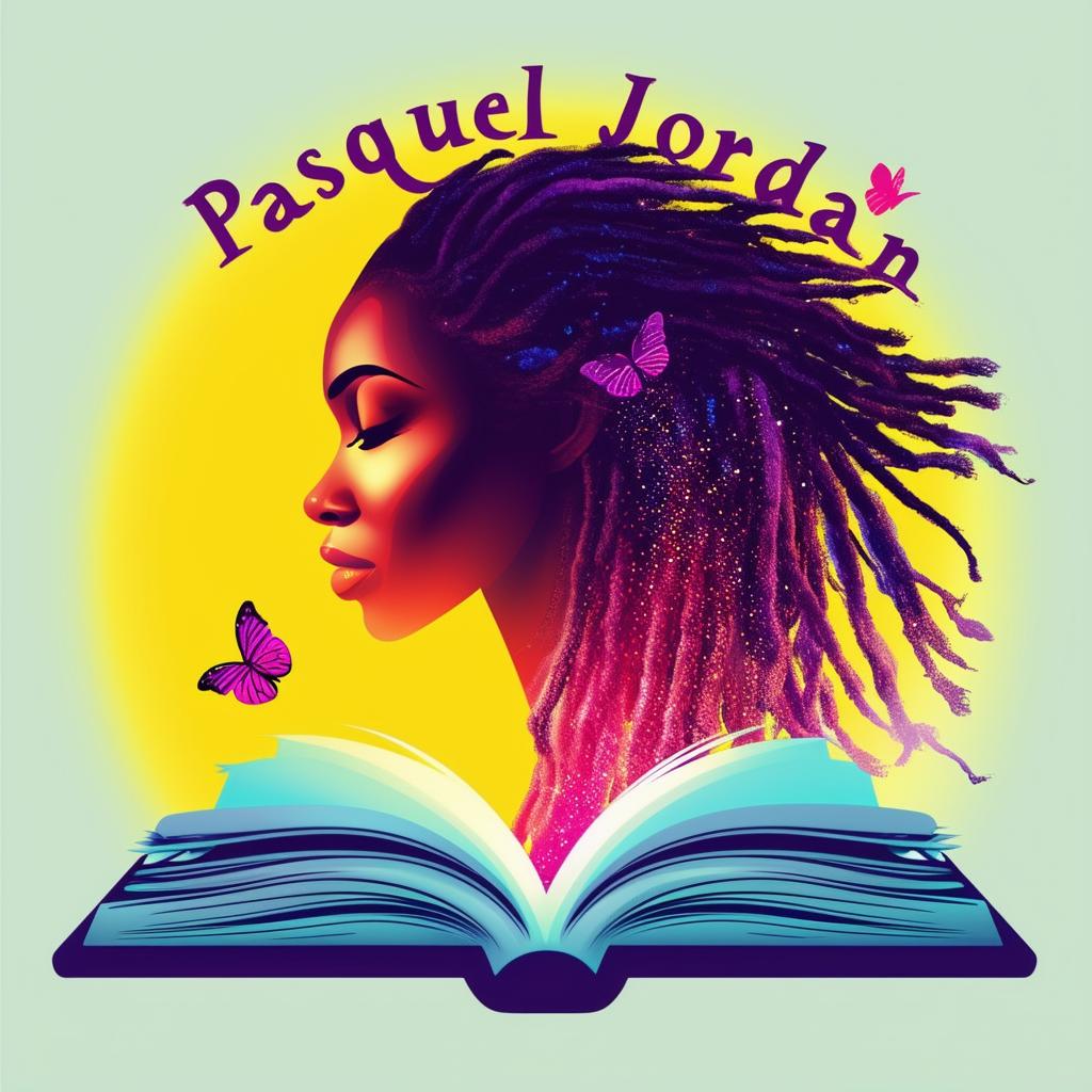 A vibrant logo for a book by Pasquel Jordan, featuring an open book with a silhouette of a woman with dreadlocks, butterflies, and the text 'Pasquel Jordan'