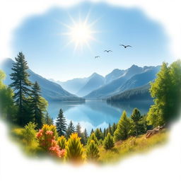 Create a beautiful landscape featuring a serene lake surrounded by lush green trees and mountains in the background