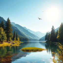 Create a beautiful landscape featuring a serene lake surrounded by lush green trees and mountains in the background