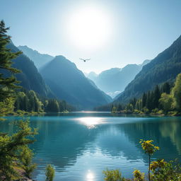 Create a beautiful landscape featuring a serene lake surrounded by lush green trees and mountains in the background