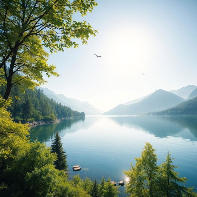 Create a beautiful landscape featuring a serene lake surrounded by lush green trees and mountains in the background