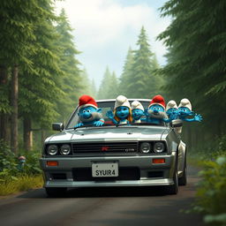 A realistic depiction of a group of Smurfs driving a Nissan Skyline GTR 34 through a dense, lush forest