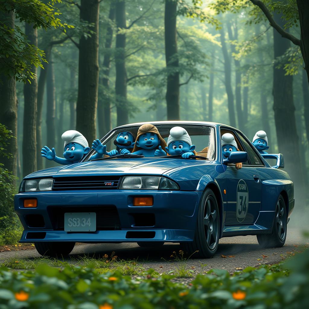 A realistic depiction of a group of Smurfs driving a Nissan Skyline GTR 34 through a dense, lush forest