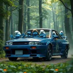 A realistic depiction of a group of Smurfs driving a Nissan Skyline GTR 34 through a dense, lush forest