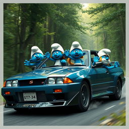 A realistic depiction of a group of Smurfs driving a Nissan Skyline GTR 34 through a dense, lush forest