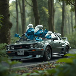 A realistic depiction of a group of Smurfs driving a Nissan Skyline GTR 34 through a dense, lush forest