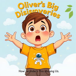 Create a cartoon-style front page for a children's book titled "Oliver’s Big Discoveries: Exploring the Wonders Around Us