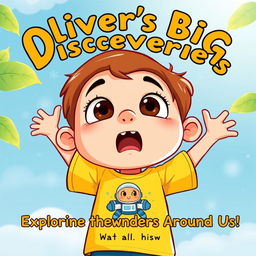 Create a cartoon-style front page for a children's book titled "Oliver’s Big Discoveries: Exploring the Wonders Around Us