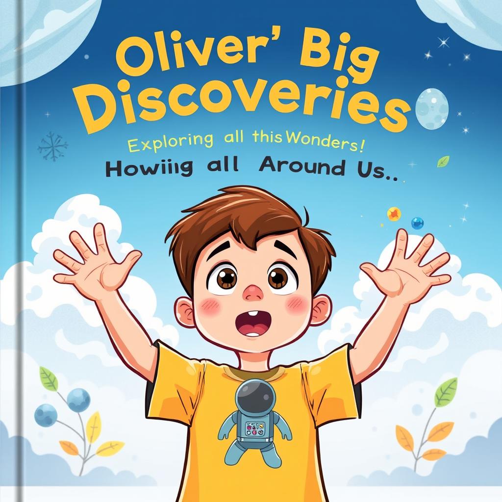 Create a cartoon-style front page for a children's book titled "Oliver’s Big Discoveries: Exploring the Wonders Around Us