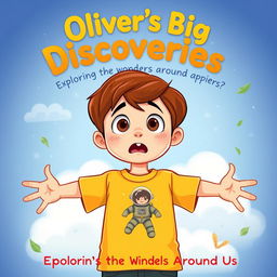 Create a cartoon-style front page for a children's book titled "Oliver’s Big Discoveries: Exploring the Wonders Around Us