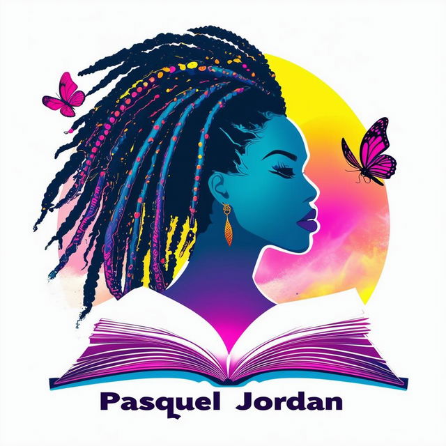 A vibrant logo for a book by Pasquel Jordan, featuring an open book with a silhouette of a woman with dreadlocks, butterflies, and the text 'Pasquel Jordan'