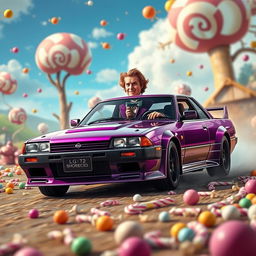 A realistic depiction of Willy Wonka driving a Nissan Skyline GTR 34 through a whimsical, candy-filled landscape