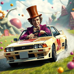 A realistic depiction of Willy Wonka driving a Nissan Skyline GTR 34 through a whimsical, candy-filled landscape