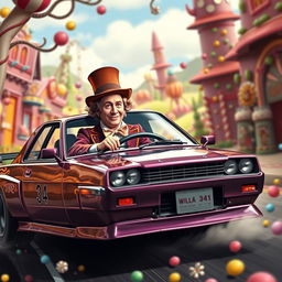 A realistic depiction of Willy Wonka driving a Nissan Skyline GTR 34 through a whimsical, candy-filled landscape