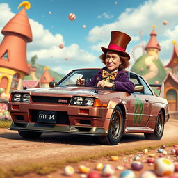 A realistic depiction of Willy Wonka driving a Nissan Skyline GTR 34 through a whimsical, candy-filled landscape