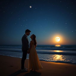 A romantic scene featuring a couple holding hands and gazing into each other's eyes under a starlit sky