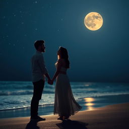 A romantic scene featuring a couple holding hands and gazing into each other's eyes under a starlit sky