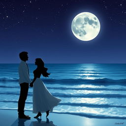 A romantic scene featuring a couple holding hands and gazing into each other's eyes under a starlit sky