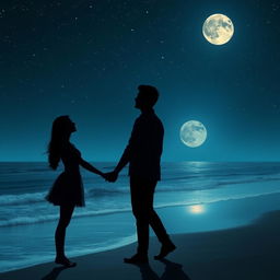 A romantic scene featuring a couple holding hands and gazing into each other's eyes under a starlit sky