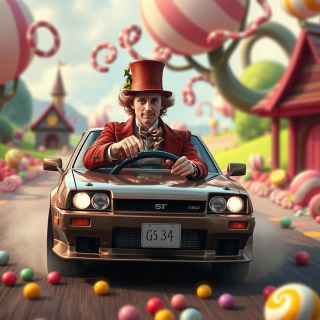 A realistic depiction of Timothée Chalamet as Willy Wonka driving a Nissan Skyline GTR 34 through a whimsical, candy-filled landscape