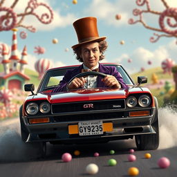 A realistic depiction of Timothée Chalamet as Willy Wonka driving a Nissan Skyline GTR 34 through a whimsical, candy-filled landscape