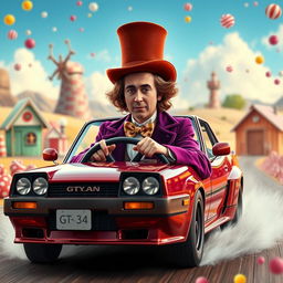 A realistic depiction of Timothée Chalamet as Willy Wonka driving a Nissan Skyline GTR 34 through a whimsical, candy-filled landscape