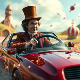 A realistic depiction of Timothée Chalamet as Willy Wonka driving a Nissan Skyline GTR 34 through a whimsical, candy-filled landscape