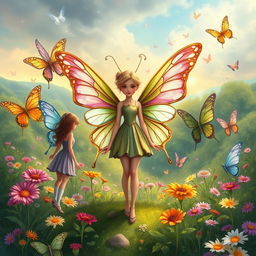 Create a vibrant landscape poster featuring a butterfly fairy with dull and plain wings