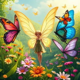 Create a vibrant landscape poster featuring a butterfly fairy with dull and plain wings