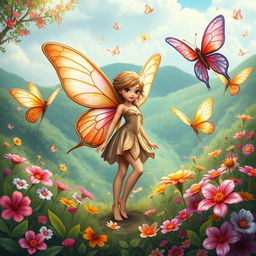 Create a vibrant landscape poster featuring a butterfly fairy with dull and plain wings