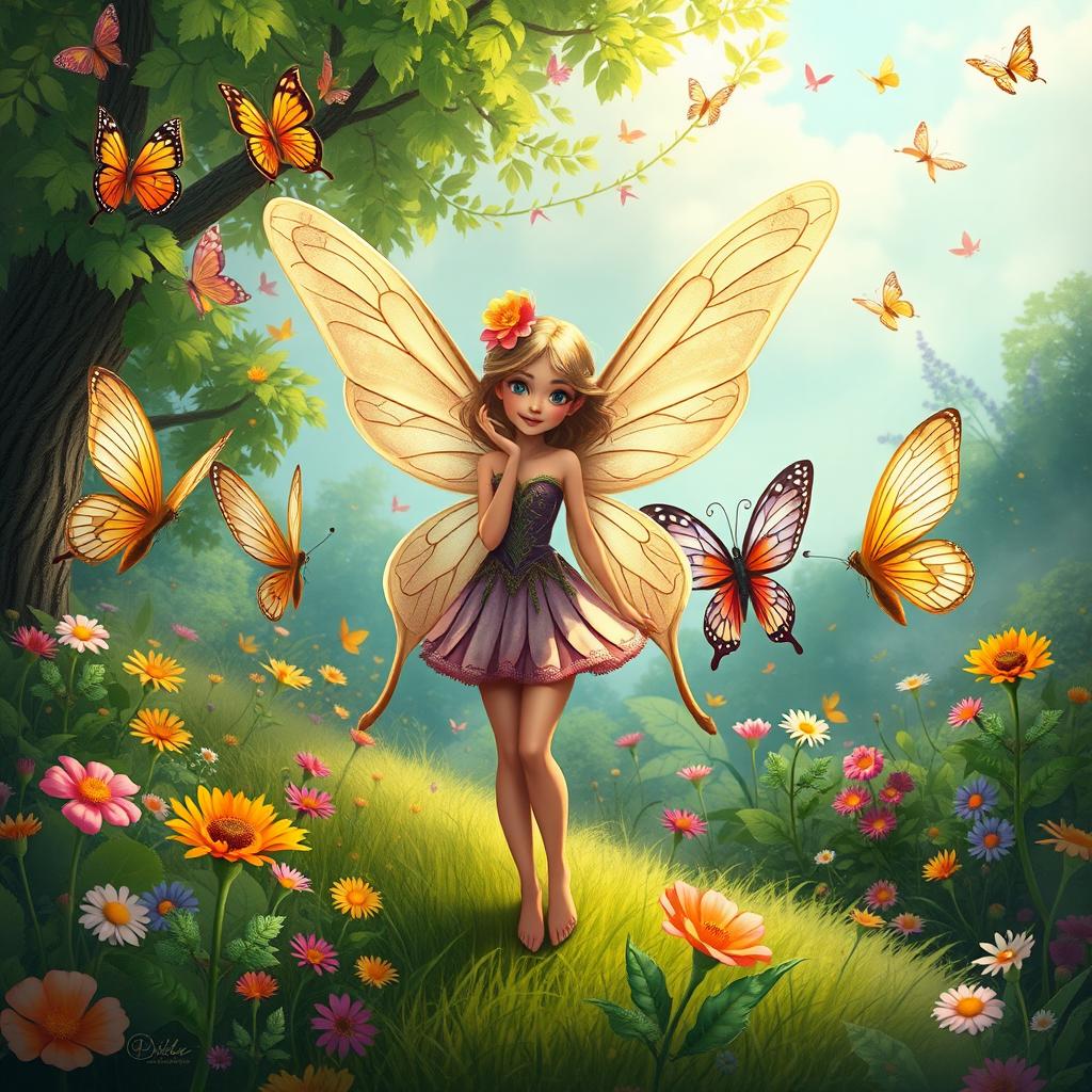 Create a vibrant landscape poster featuring a butterfly fairy with dull and plain wings